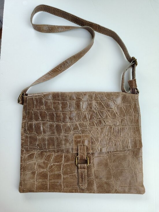 Genuine Leather Handbags - Vintage Italian Taupe genuine Leather Croc Embossed Messenger Bag